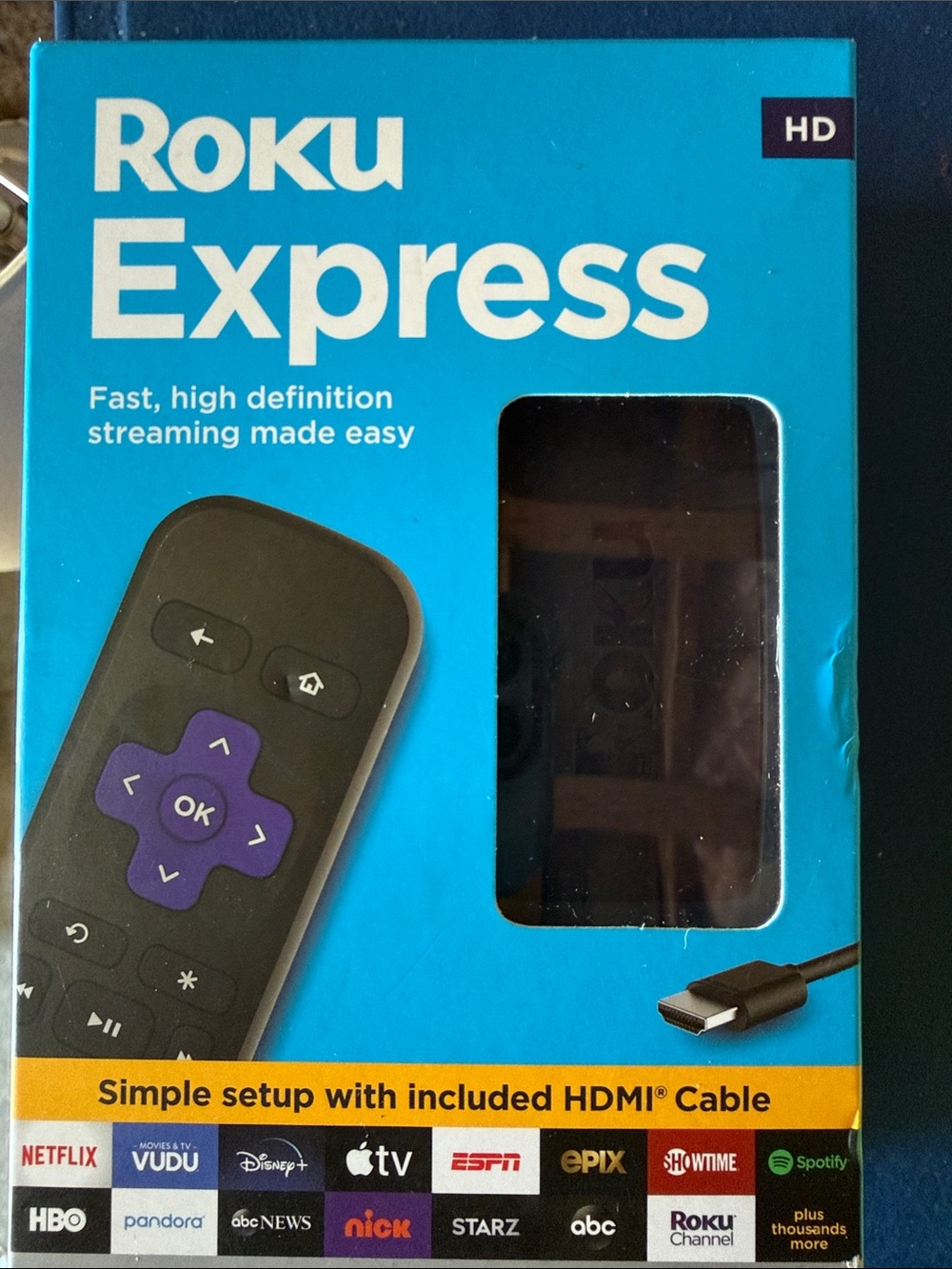 Roku Express Streaming Player in Bright Blue Packaging